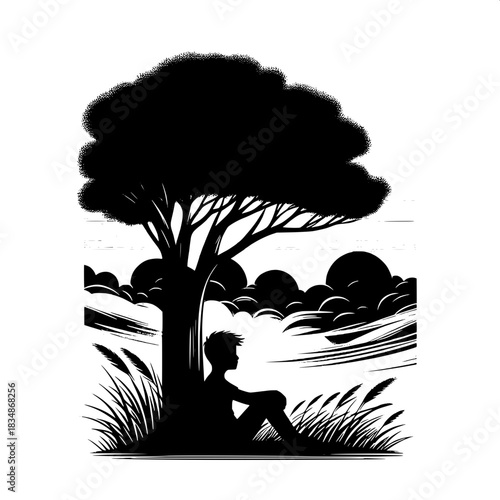 Black and White Vector Boy Sitting Beside Tree in Silence