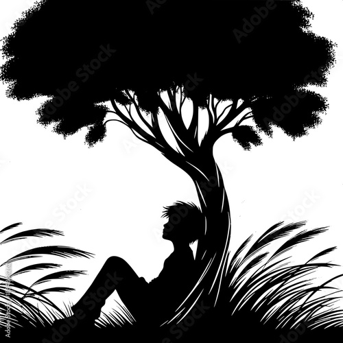 Black and White Vector Boy Sitting Beside Tree in Silence