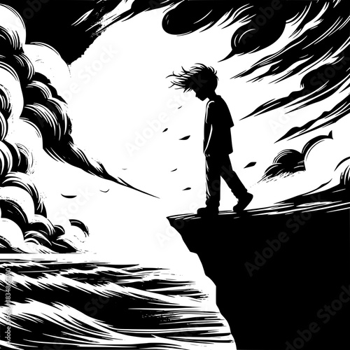 Black and White Vector Boy Standing on Cliff Edge Looking Down