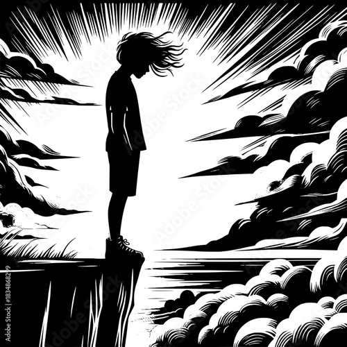 Black and White Vector Boy Standing on Cliff Edge Looking Down