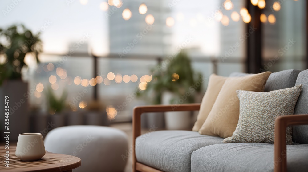 Fototapeta premium Modern living room with a large window that offers a view of the city.