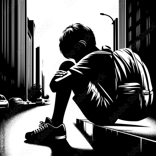 Black and White Vector Boy Hugging His Backpack