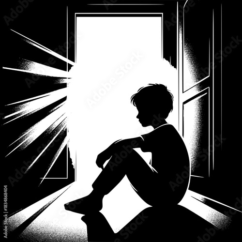 Black and White Vector Boy Sitting in Doorway with Light Behind