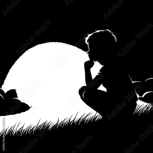 Black and White Vector Boy Kneeling and Looking at Sunset