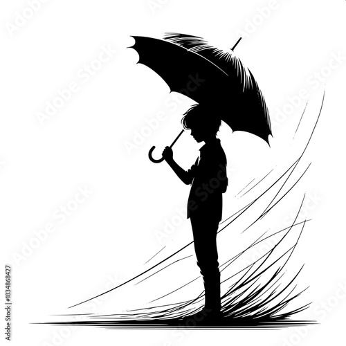 Black and White Vector Boy Holding an Umbrella Alone