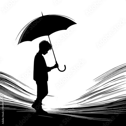 Black and White Vector Boy Holding an Umbrella Alone