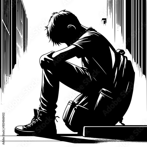 Black and White Vector Boy Hugging His Backpack