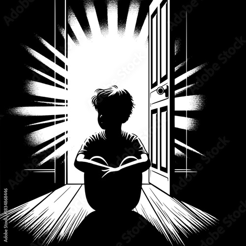 Black and White Vector Boy Sitting in Doorway with Light Behind