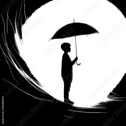 Black and White Vector Boy Holding an Umbrella Alone