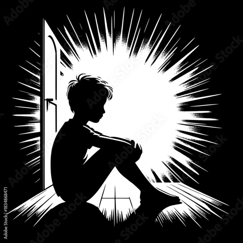 Black and White Vector Boy Sitting in Doorway with Light Behind