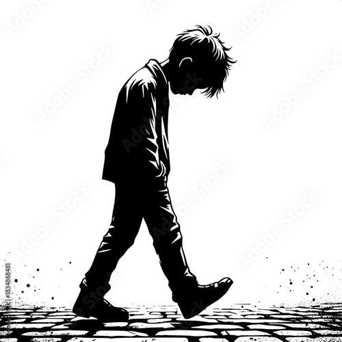 Black and White Vector Boy Walking Slowly with Head Down
