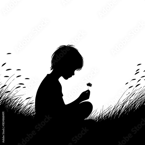 Black and White Vector Boy Sitting in Field Holding a Flower