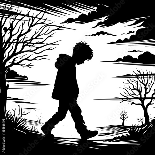 Black and White Vector Boy Walking Slowly with Head Down