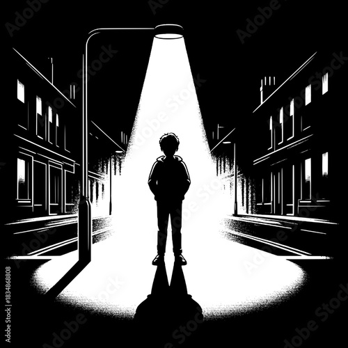 Black and White Vector Boy Standing in Empty Street