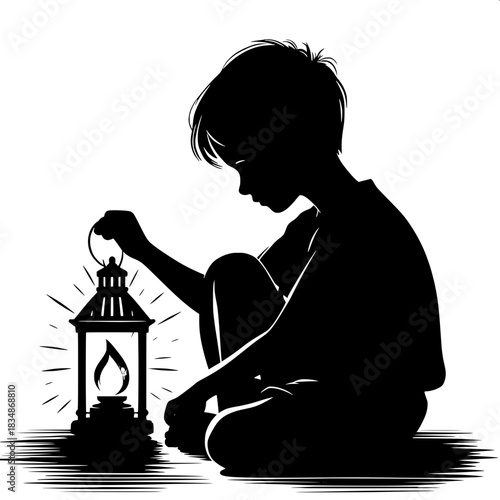 Black and White Vector Boy Sitting Beside Lantern