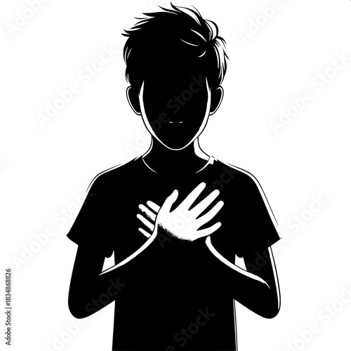 Black and White Vector Boy Holding His Heart with Both Hands
