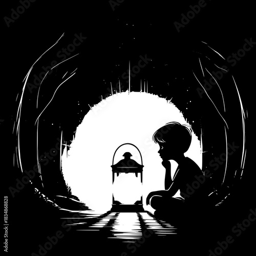 Black and White Vector Boy Sitting Beside Lantern