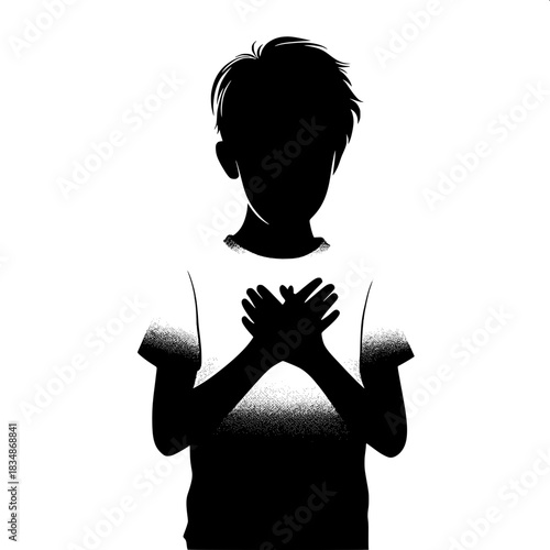 Black and White Vector Boy Holding His Heart with Both Hands