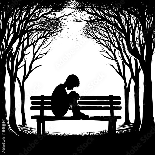 Black and White Vector Boy Sitting Alone on a Bench