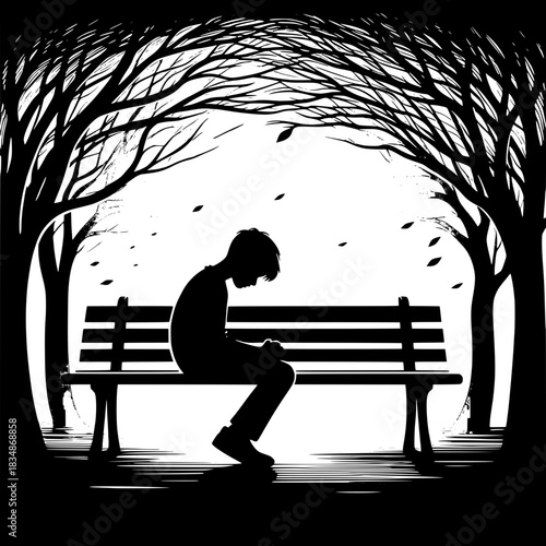 Black and White Vector Boy Sitting Alone on a Bench