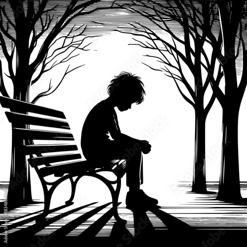 Black and White Vector Boy Sitting Alone on a Bench
