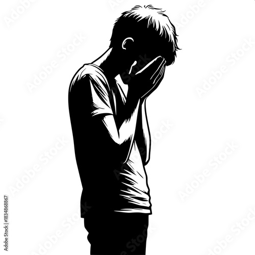 Black and White Vector Boy Crying with Hands on Face
