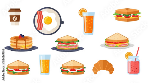 Assorted delicious breakfast and brunch items like pancakes, sandwiches, fried eggs, fresh juices, coffee, and croissants, depicted in a vibrant flat design illustration style