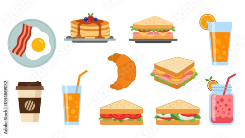 A Delicious Breakfast Spread Featuring Pancakes, Eggs, Bacon, Sandwiches, Croissants, and Juices