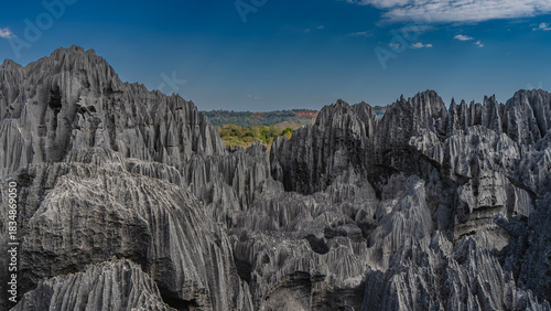Black karst rocks with steep slopes and sharp peaks against a background of blue sky and clouds.  The green vegetation is far away in the valley. Madagascar. Tsingy De Bemaraha  