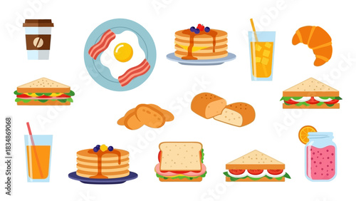 A vibrant collection of breakfast and lunch items, featuring pancakes, sandwiches, coffee, juice, and pastries, perfect for culinary and food-related designs