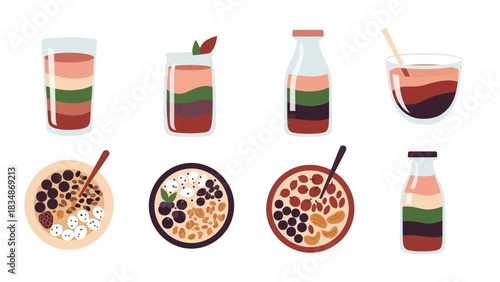 Assortment of Healthy Breakfasts and Smoothies Colorful Layered Drinks and Bowls