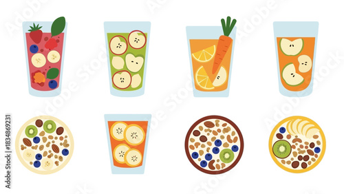 Assortment of vibrant and healthy breakfast options including fresh fruit smoothies, natural juices, and nutritious granola bowls, promoting a balanced diet and an energetic start
