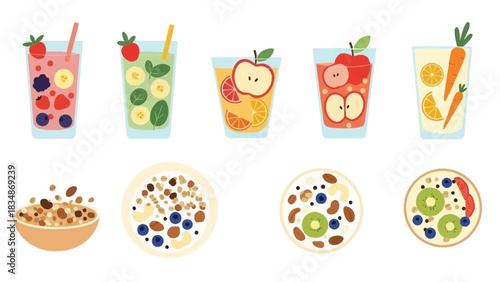 Vibrant Collection of Healthy Breakfast Bowls and Refreshing Smoothies with Fresh Fruits and Vegetables