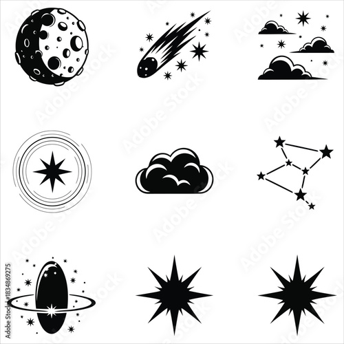 Set of Black and White Space Icons Planets, Meteors, Stars, and Cosmic Elements
