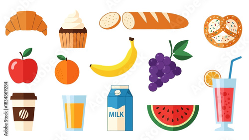 Diverse Selection of Food and Drink Icons in Bright Colors