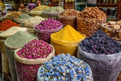Fototapeta Naklejka Na Ścianę i Meble -  A vibrant spice market displaying colorful herbs, nuts, and floral elements in large sacks