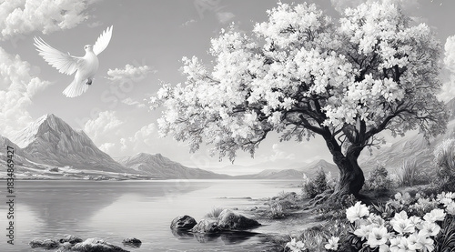 Peaceful Landscape with Flying Dove and Blossoming Tree