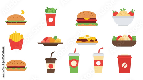 Colorful Fast Food Icons Set Variety of Burgers, Fries, Drinks, and More