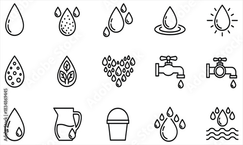 Minimalist line icon set of water drops and liquid symbols, featuring concepts of purity, conservation, and hydration for design projects. 70