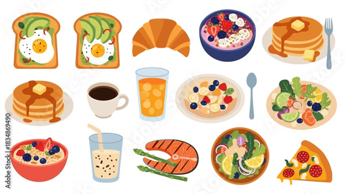 Flat vector illustration set of delicious and nutritious food for daily meals, featuring breakfast, lunch, and dinner options like pancakes, salmon, and salad