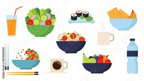 Healthy food illustrations Featuring salads, sushi, fruits, and drinks for a nutritious meal or diet concept