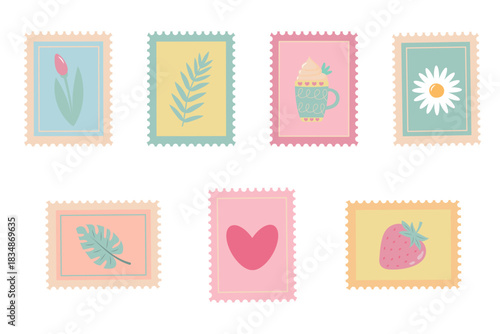 A cute vector collection of seven stylized postage stamps with designs like hearts, flowers, leaves, and hot cocoa. Perfect for mail, spring, and holiday designs