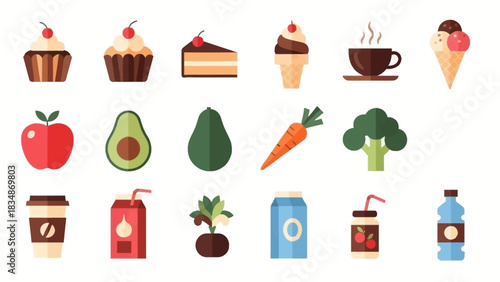 Flat design vector icons of a diverse range of healthy fruits, vegetables, sweet desserts, and refreshing beverages, ideal for web graphics and app interfaces