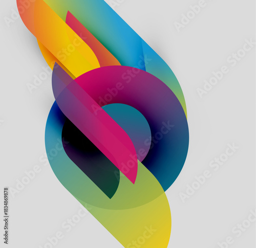 Abstract colorful shapes overlap, creating dynamic visual composition. Gradients blend hues, forming flowing curves, lines.
