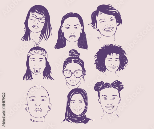 Different type of women face and hair vector art, various cultures girl face illustration, women portrait's line art, Women's power  poster art