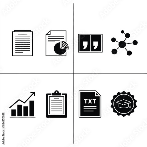 Collection of Icons Representing Business, Data Analysis, Research, and Education