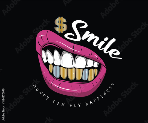 Metal teeth smile vector art, Gold teeth blink lips Mouth illustration, Thug gangster life vector design with typography