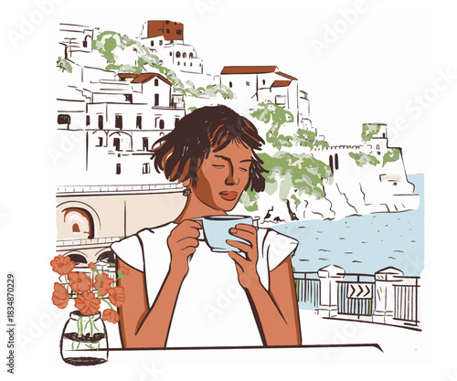 Woman drinking coffee in cafe vector art, Italian lady on Amalfi coastline illustration,  Summer beach vacation artwork for t shirt, poster, graphic print