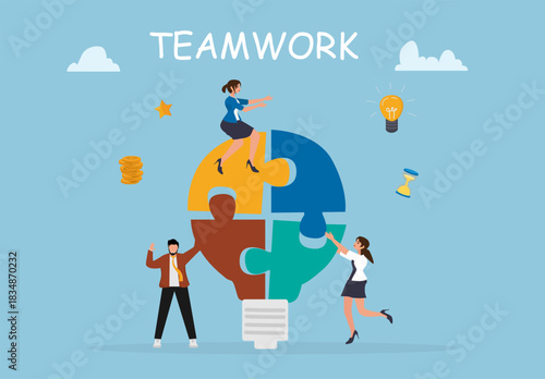 Business Teamwork Collaboration Illustration with People Building Puzzle Light Bulb Concept