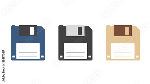 A set of classic floppy disk icons in blue, black, and beige, perfect for digital save functions, data storage, and retro tech interface design
